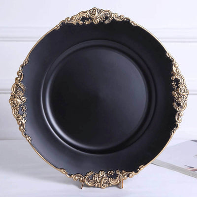6 - Pack Acrylic Round Charger Plates 13" in Matte Black with Gold Embossed Baroque Rim, Antique Decorative Dinner Party Charger Tableware - Linen Luxes