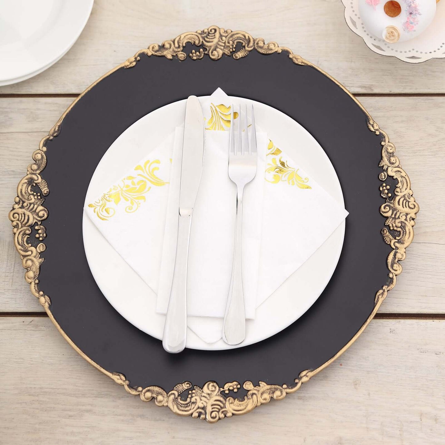 6 - Pack Acrylic Round Charger Plates 13" in Matte Black with Gold Embossed Baroque Rim, Antique Decorative Dinner Party Charger Tableware - Linen Luxes