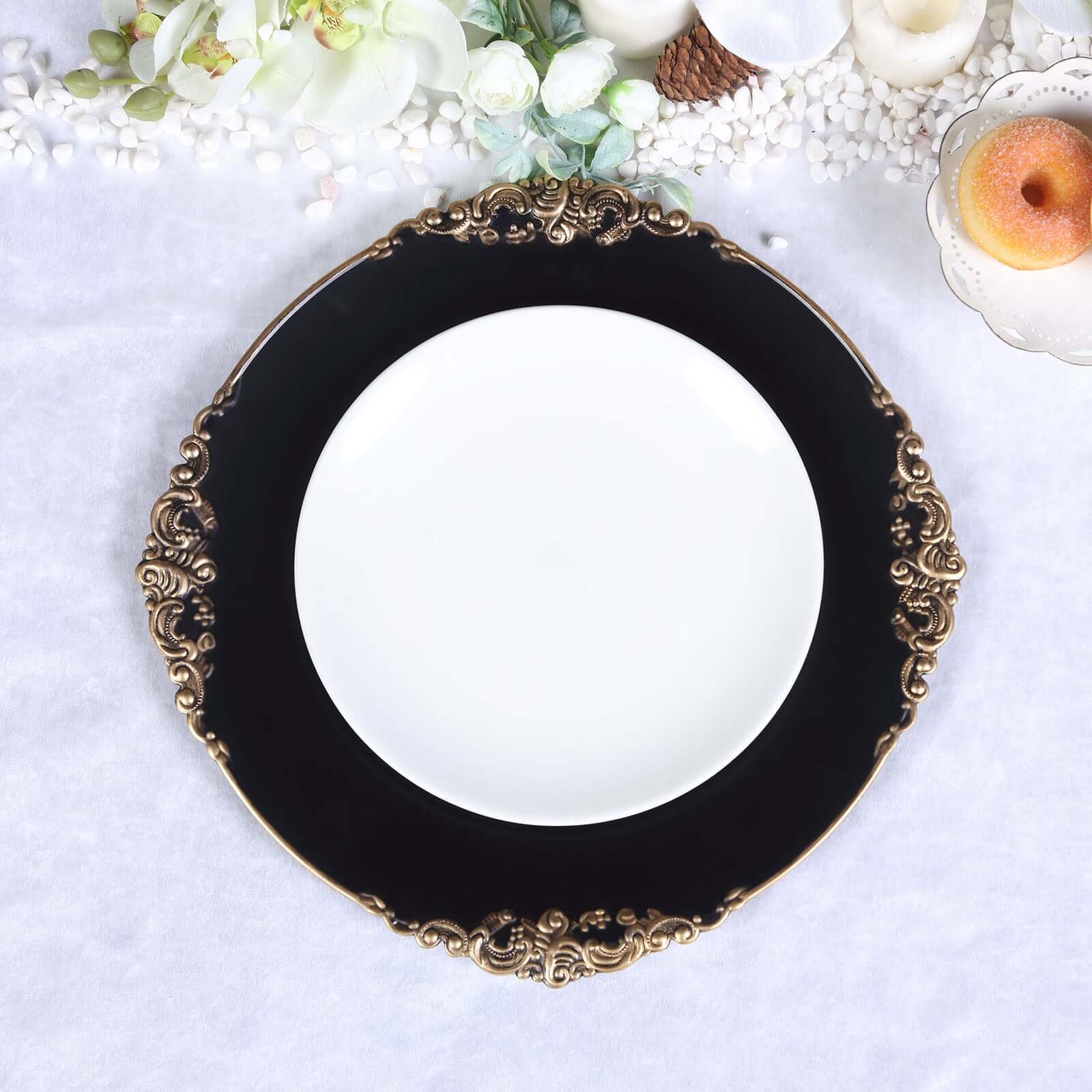 6 - Pack Acrylic Round Charger Plates 13" in Matte Black with Gold Embossed Baroque Rim, Antique Decorative Dinner Party Charger Tableware - Linen Luxes