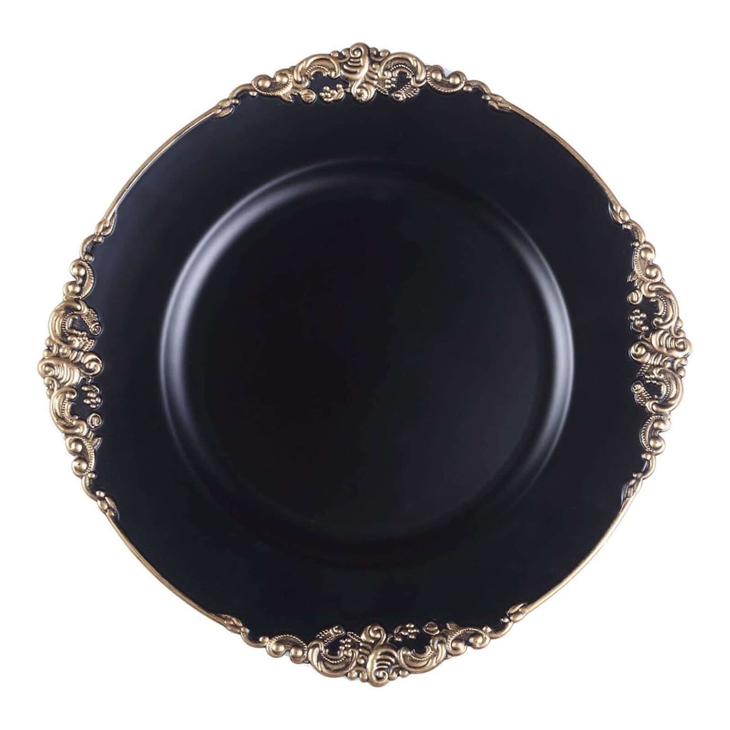 6 - Pack Acrylic Round Charger Plates 13" in Matte Black with Gold Embossed Baroque Rim, Antique Decorative Dinner Party Charger Tableware - Linen Luxes