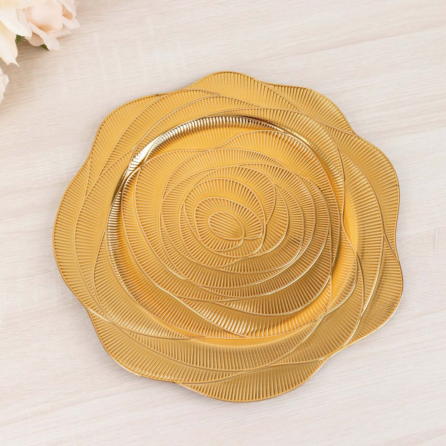 6-Pack Acrylic Round Charger Plates 13" in Metallic Gold with Ribbed Rose Pattern, Event Tabletop Decorative Charger Tableware