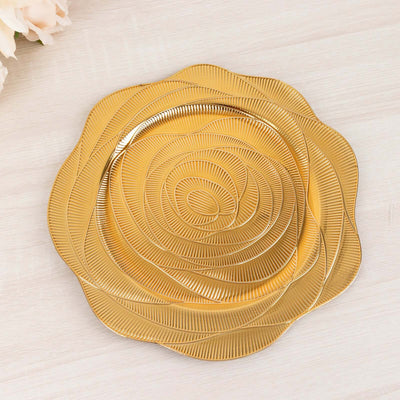 6-Pack Acrylic Round Charger Plates 13" in Metallic Gold with Ribbed Rose Pattern, Event Tabletop Decorative Charger Tableware