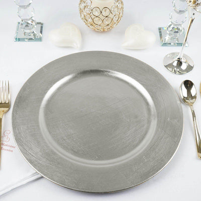 6 - Pack Acrylic Round Charger Plates 13" in Metallic Silver, Dinner Party Decor Charger Tableware - Linen Luxes