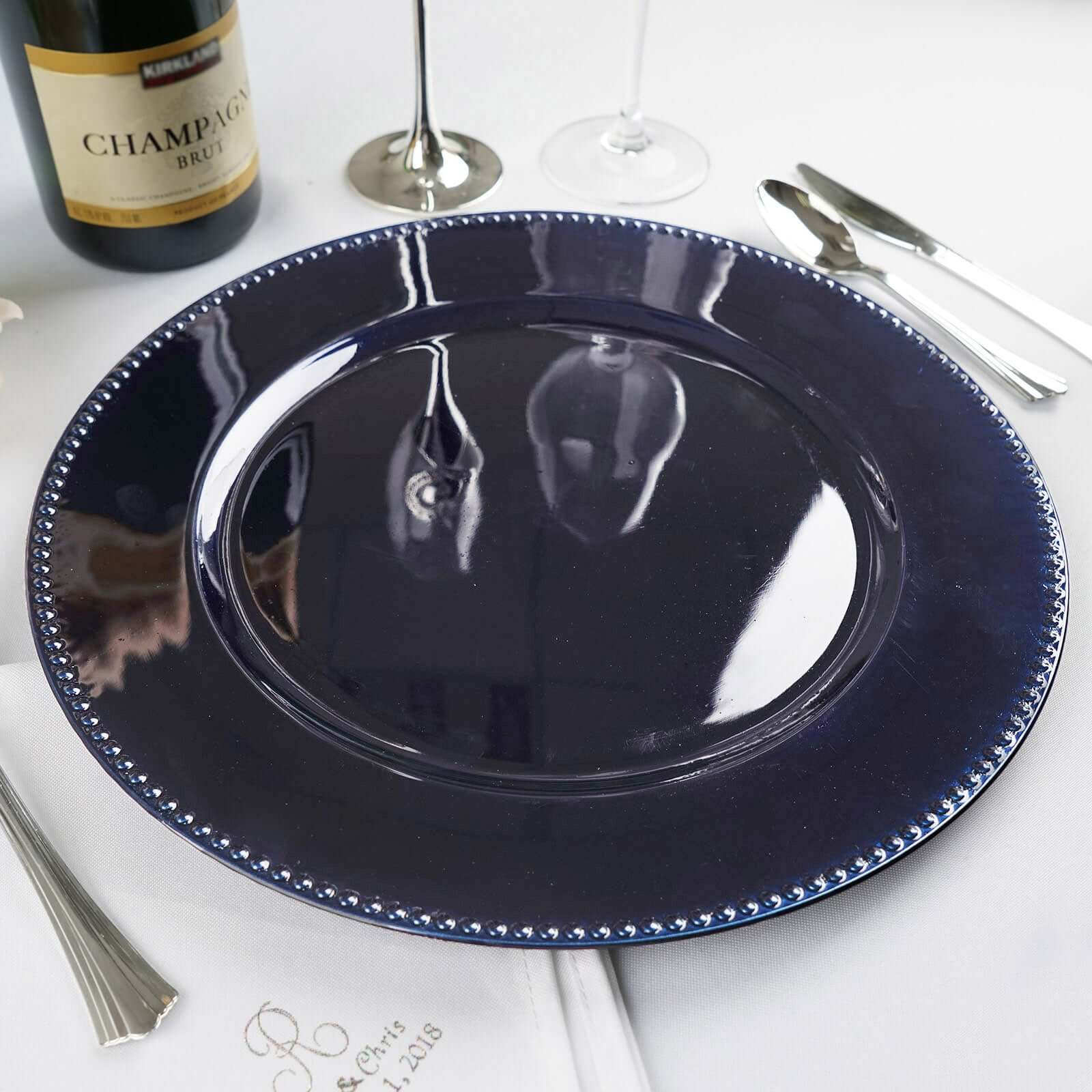 6 - Pack Acrylic Round Charger Plates 13" in Navy Blue with Beaded Rim, Dinner Charger Event Tabletop Decor - Linen Luxes