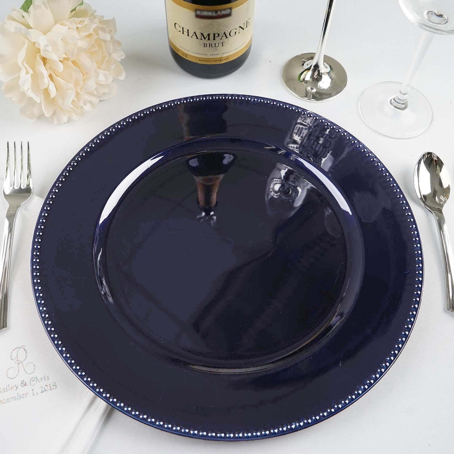 6 - Pack Acrylic Round Charger Plates 13" in Navy Blue with Beaded Rim, Dinner Charger Event Tabletop Decor - Linen Luxes