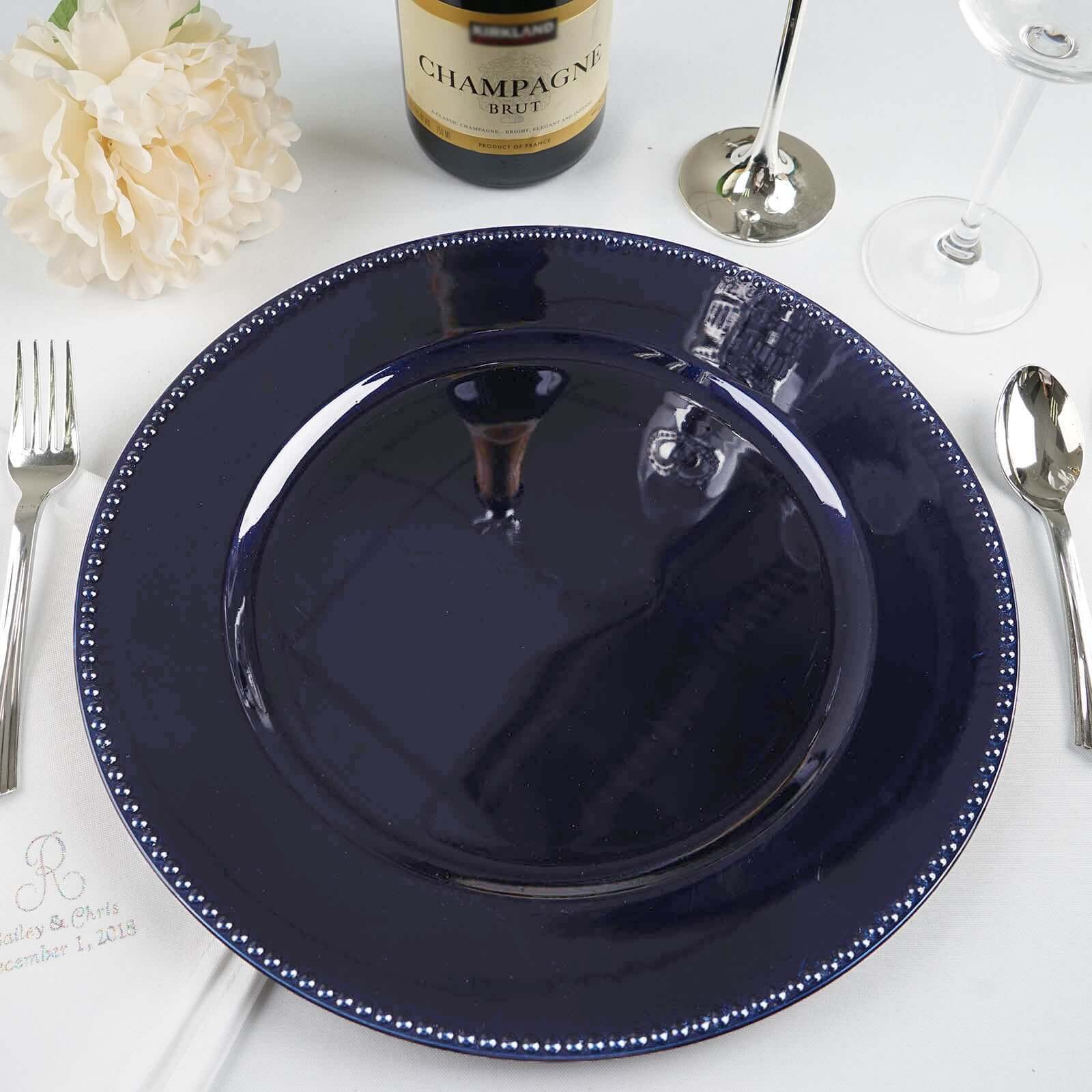 6 - Pack Acrylic Round Charger Plates 13" in Navy Blue with Beaded Rim, Dinner Charger Event Tabletop Decor - Linen Luxes