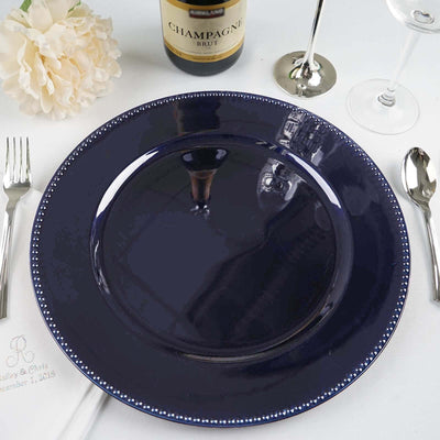 6 - Pack Acrylic Round Charger Plates 13" in Navy Blue with Beaded Rim, Dinner Charger Event Tabletop Decor - Linen Luxes