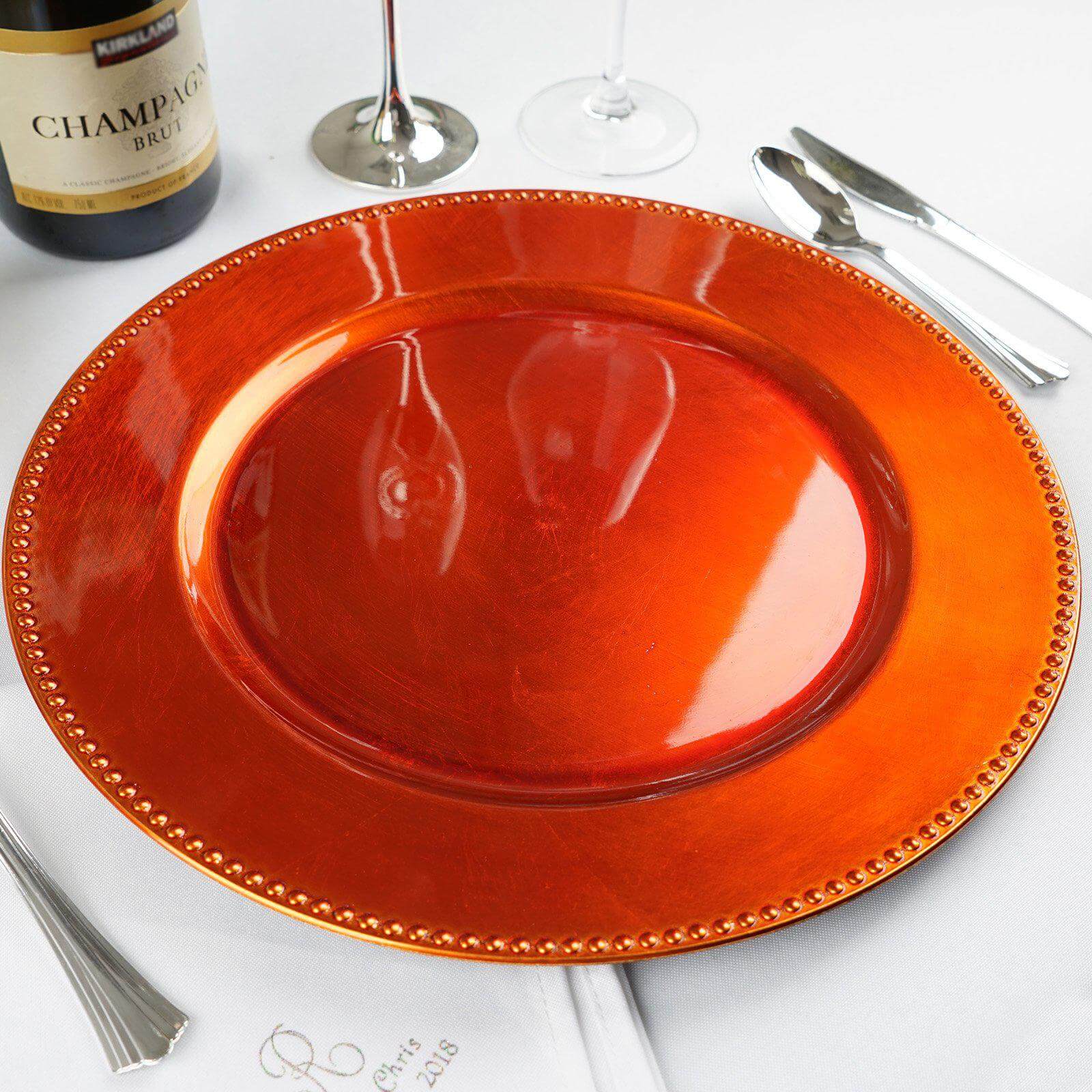 6 - Pack Acrylic Round Charger Plates 13" in Orange with Beaded Rim, Dinner Charger Event Tabletop Decor - Linen Luxes