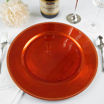 6 - Pack Acrylic Round Charger Plates 13" in Orange with Beaded Rim, Dinner Charger Event Tabletop Decor - Linen Luxes
