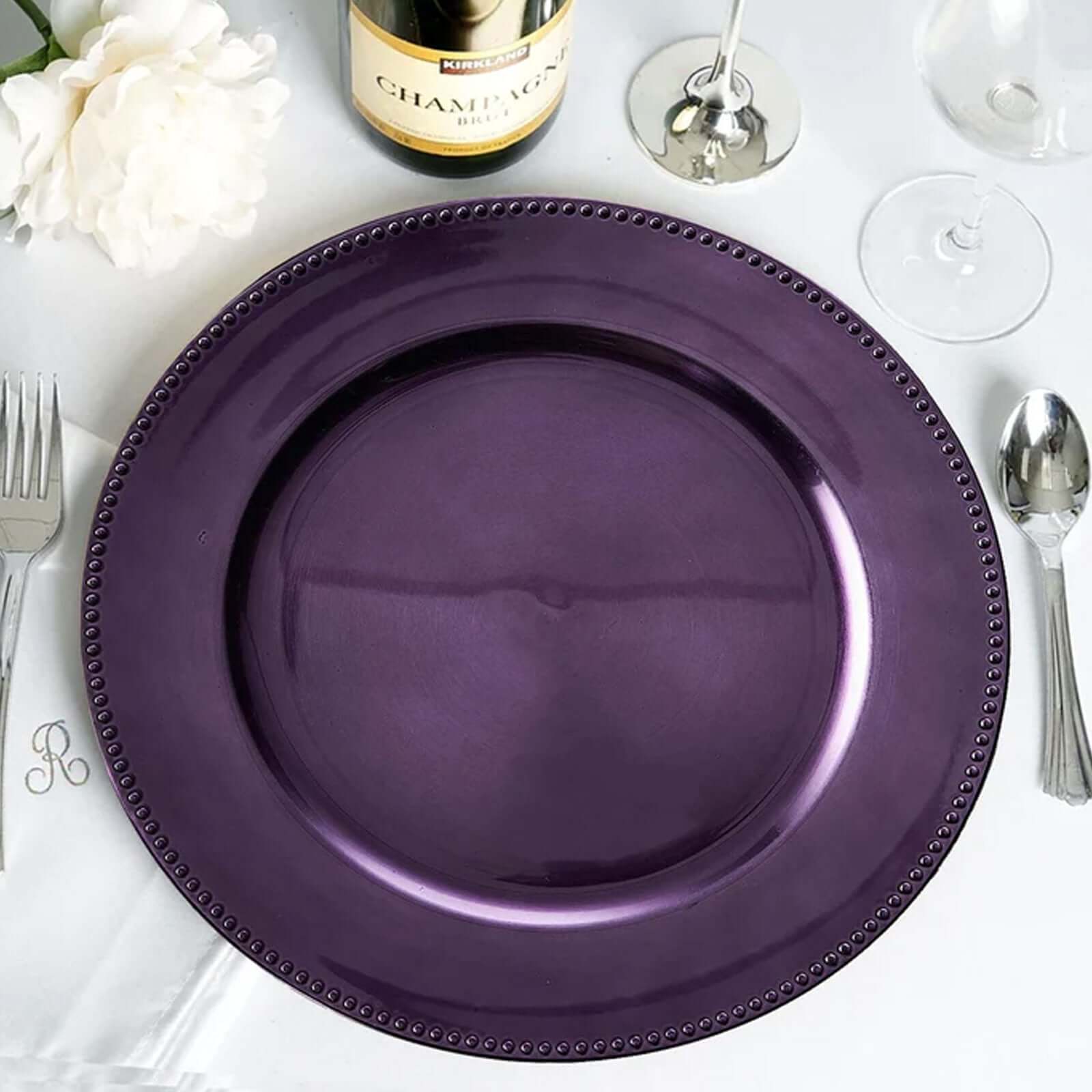 6 - Pack Acrylic Round Charger Plates 13" in Purple with Beaded Rim, Dinner Charger Event Tabletop Decor - Linen Luxes