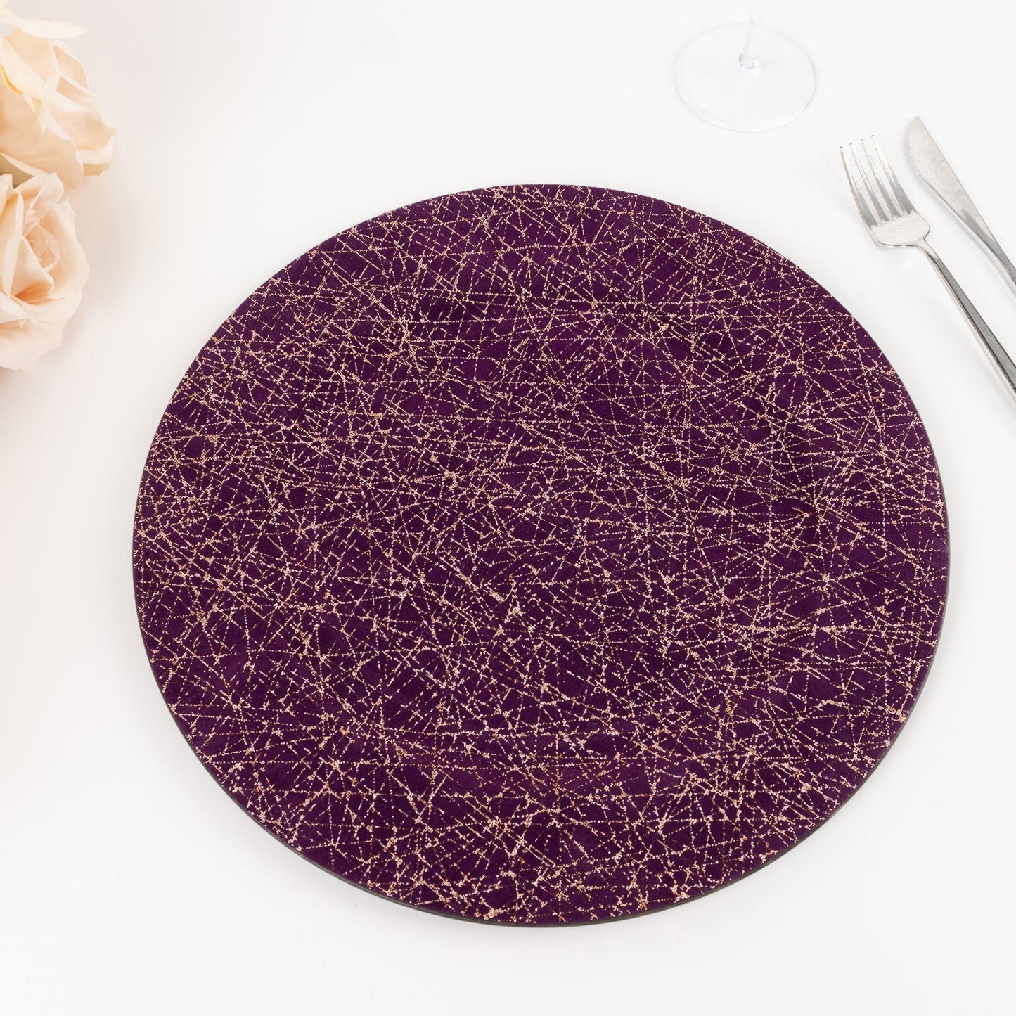 6-Pack Acrylic Round Charger Plates 13" in Purple with Gold Glitter Abstract Lines Pattern, Decorative Dinner Party Charger Tableware
