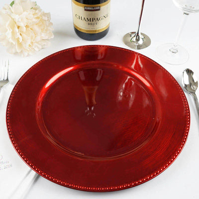 6 - Pack Acrylic Round Charger Plates 13" in Red with Beaded Rim, Dinner Charger Event Tabletop Decor - Linen Luxes