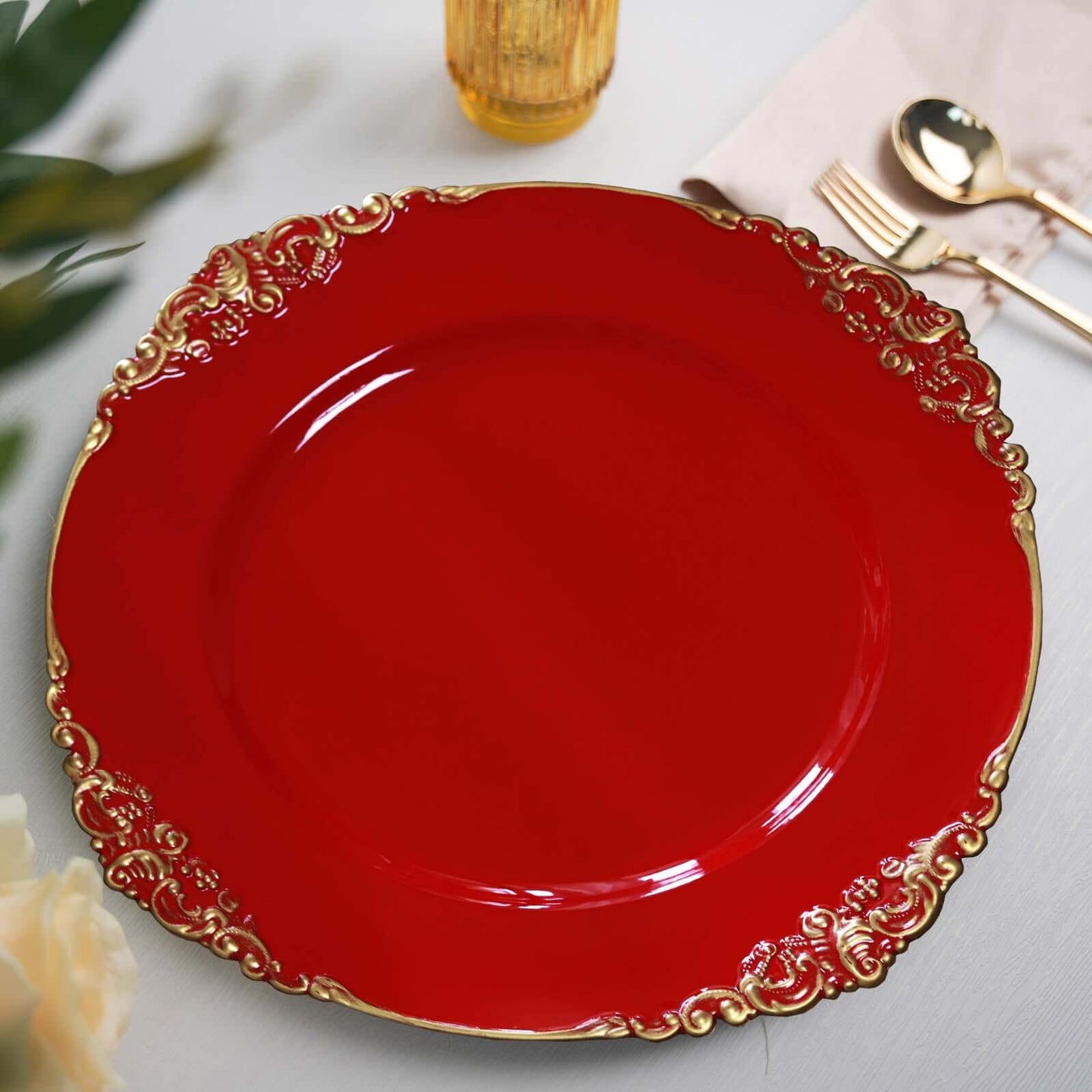 6-Pack Acrylic Round Charger Plates 13" in Red with Gold Embossed Baroque Rim, Antique Decorative Dinner Party Charger Tableware