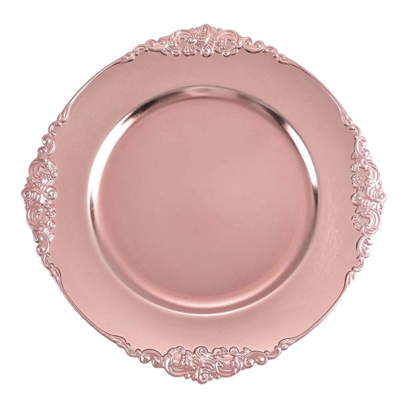 6 - Pack Acrylic Round Charger Plates 13" in Rose Gold with Embossed Baroque Rim, Antique Decorative Dinner Party Charger Tableware - Linen Luxes