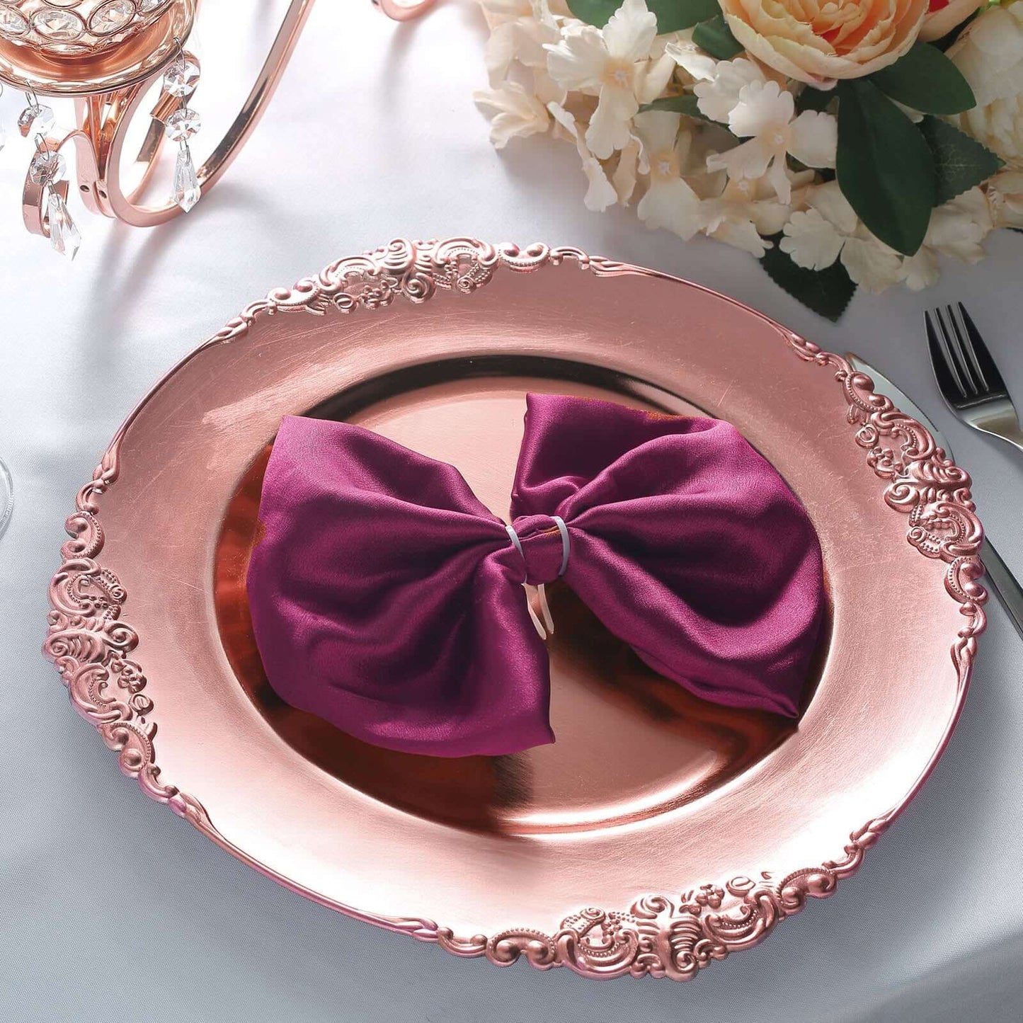 6 - Pack Acrylic Round Charger Plates 13" in Rose Gold with Embossed Baroque Rim, Antique Decorative Dinner Party Charger Tableware - Linen Luxes