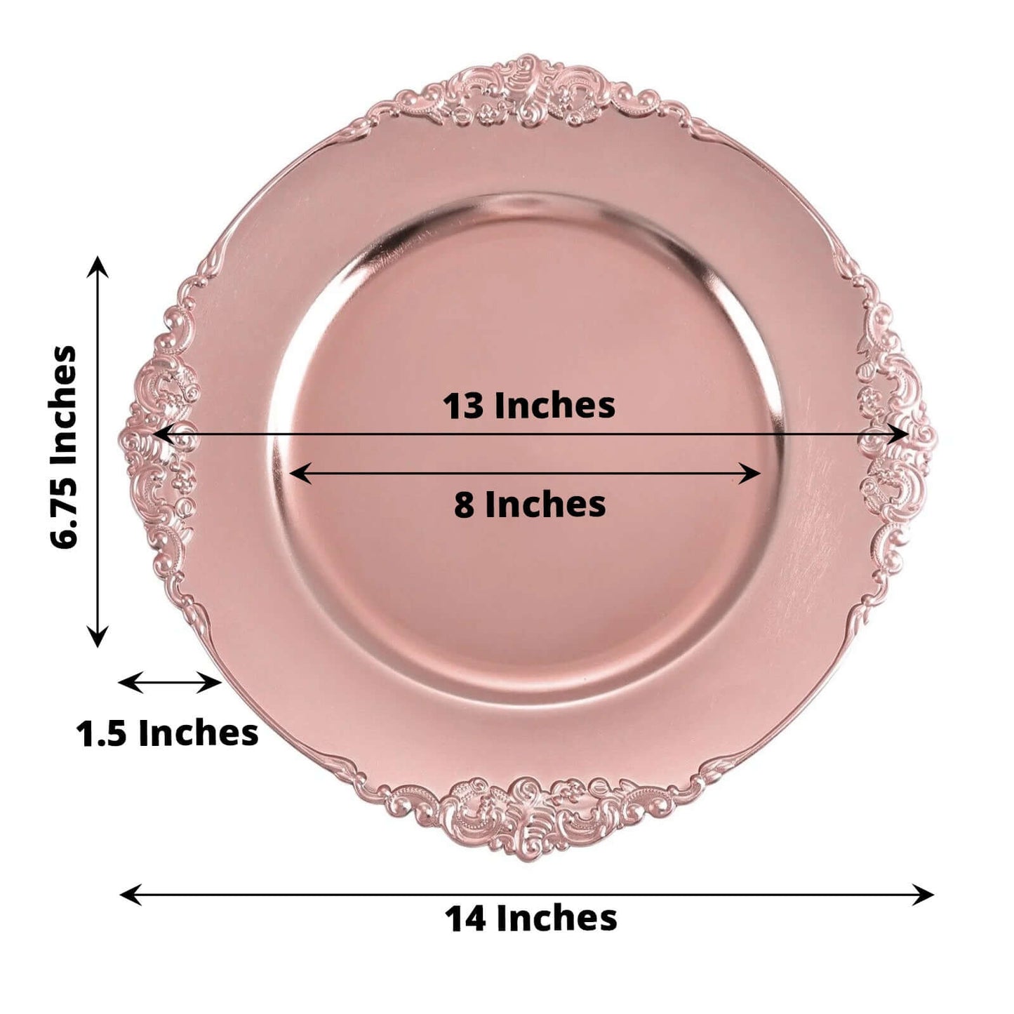 6 - Pack Acrylic Round Charger Plates 13" in Rose Gold with Embossed Baroque Rim, Antique Decorative Dinner Party Charger Tableware - Linen Luxes