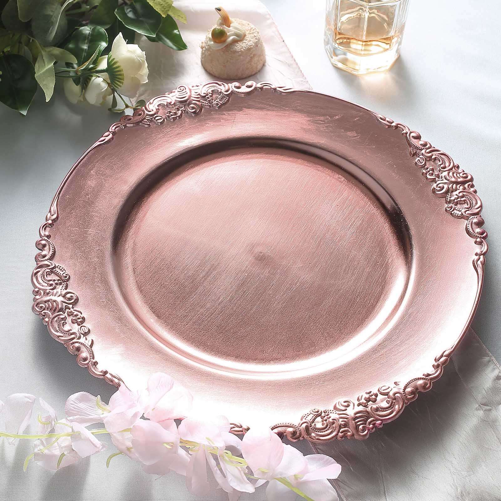 6 - Pack Acrylic Round Charger Plates 13" in Rose Gold with Embossed Baroque Rim, Antique Decorative Dinner Party Charger Tableware - Linen Luxes