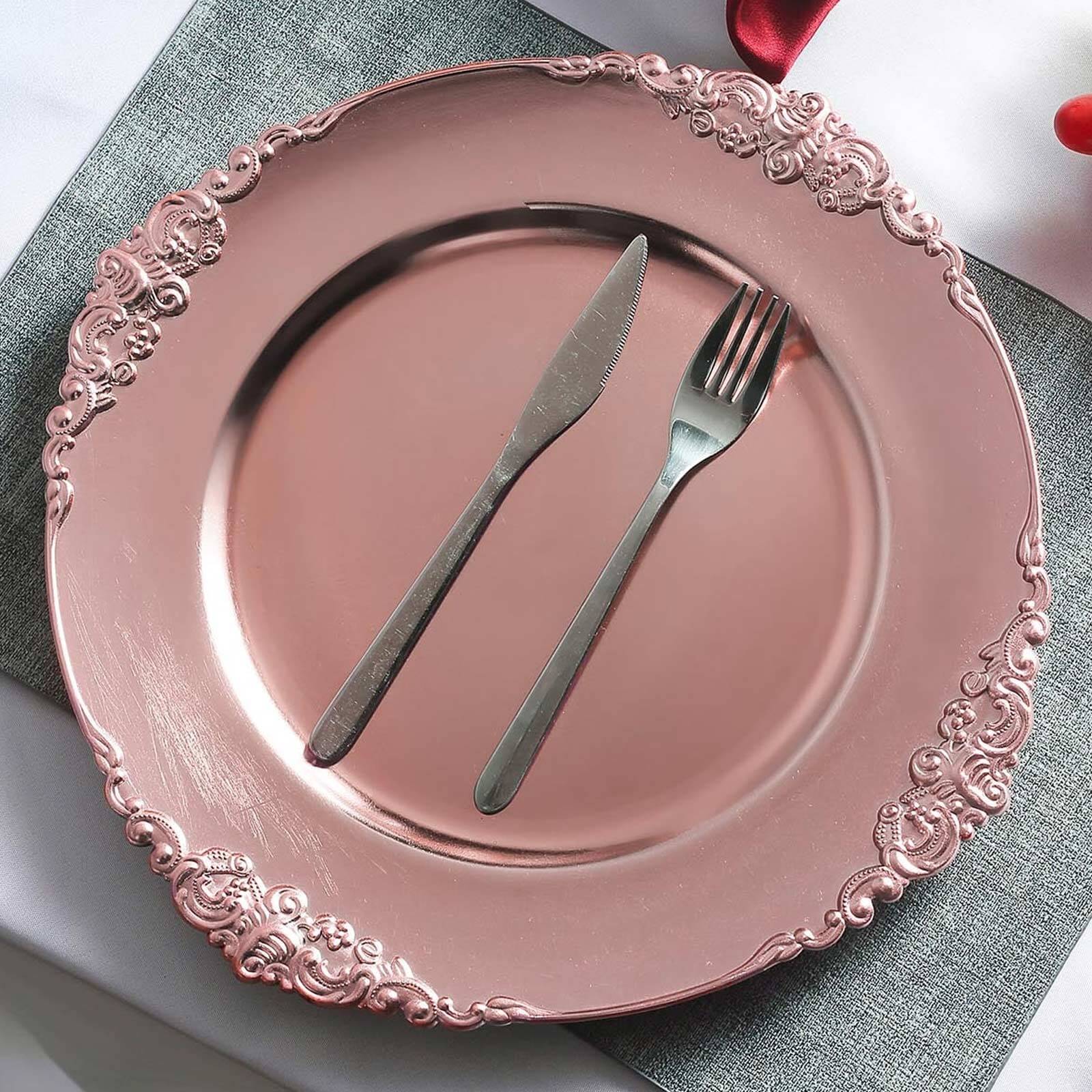 6 - Pack Acrylic Round Charger Plates 13" in Rose Gold with Embossed Baroque Rim, Antique Decorative Dinner Party Charger Tableware - Linen Luxes