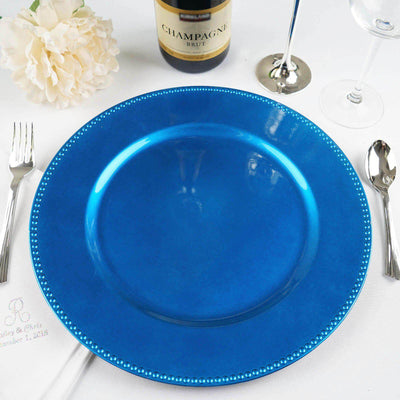 6 - Pack Acrylic Round Charger Plates 13" in Royal Blue with Beaded Rim, Dinner Charger Event Tabletop Decor - Linen Luxes