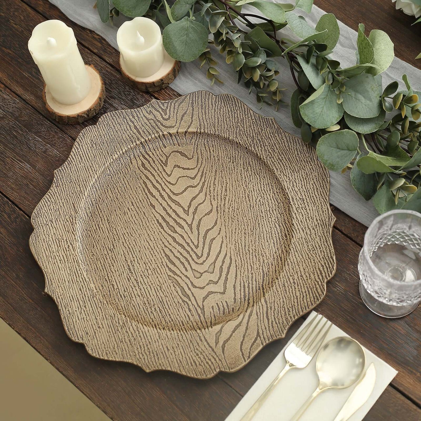 6-Pack Acrylic Round Charger Plates 13" in Rustic Natural with Wood Grain Scalloped Rim, Decorative Dinner Party Charger Tableware