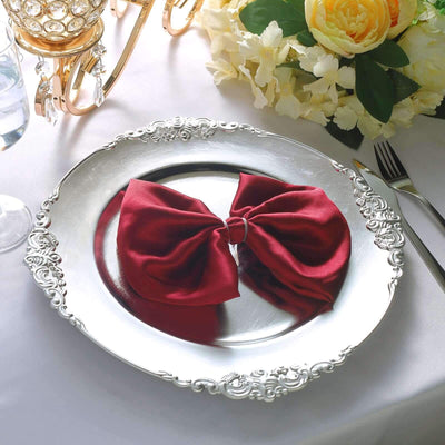 6 - Pack Acrylic Round Charger Plates 13" in Silver with Embossed Baroque Rim, Antique Decorative Dinner Party Charger Tableware - Linen Luxes