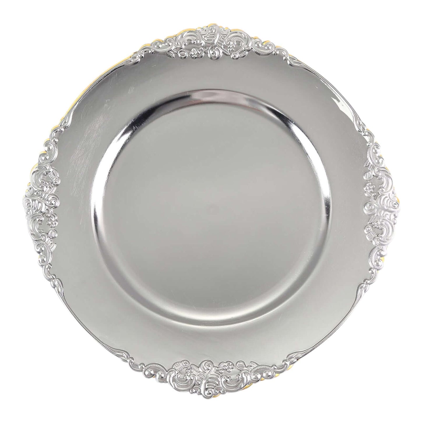 6 - Pack Acrylic Round Charger Plates 13" in Silver with Embossed Baroque Rim, Antique Decorative Dinner Party Charger Tableware - Linen Luxes