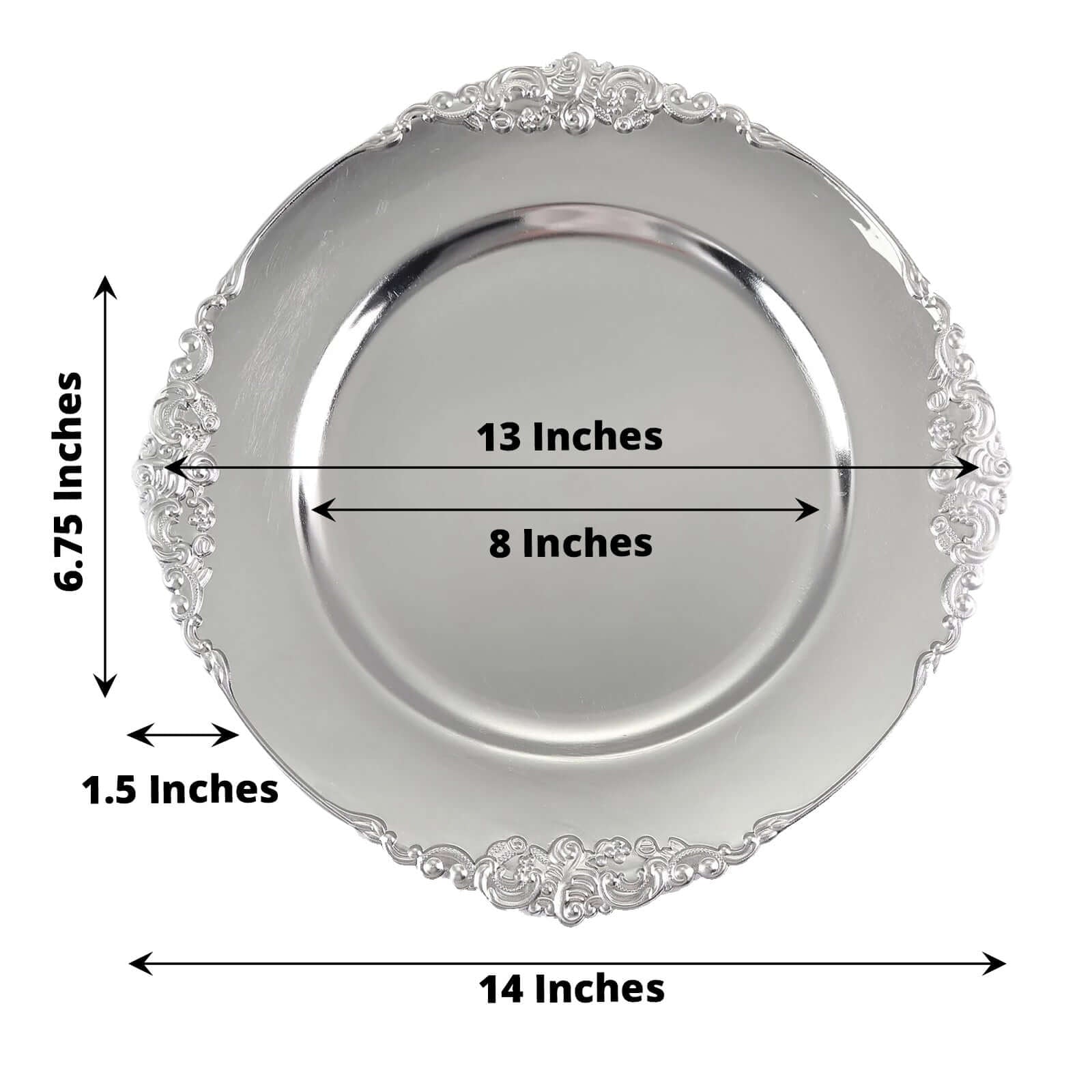 6 - Pack Acrylic Round Charger Plates 13" in Silver with Embossed Baroque Rim, Antique Decorative Dinner Party Charger Tableware - Linen Luxes