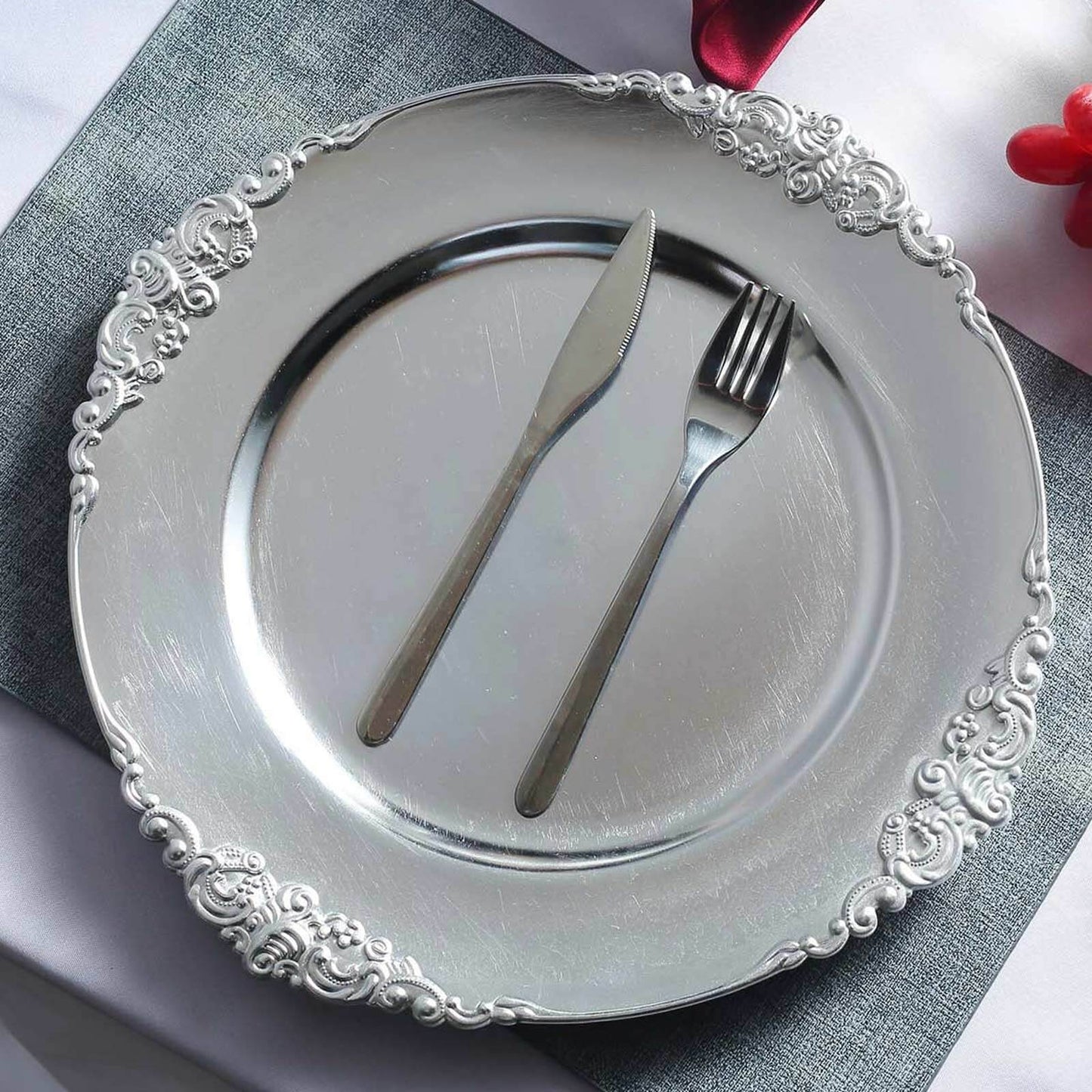 6 - Pack Acrylic Round Charger Plates 13" in Silver with Embossed Baroque Rim, Antique Decorative Dinner Party Charger Tableware - Linen Luxes