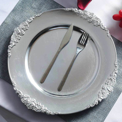6 - Pack Acrylic Round Charger Plates 13" in Silver with Embossed Baroque Rim, Antique Decorative Dinner Party Charger Tableware - Linen Luxes