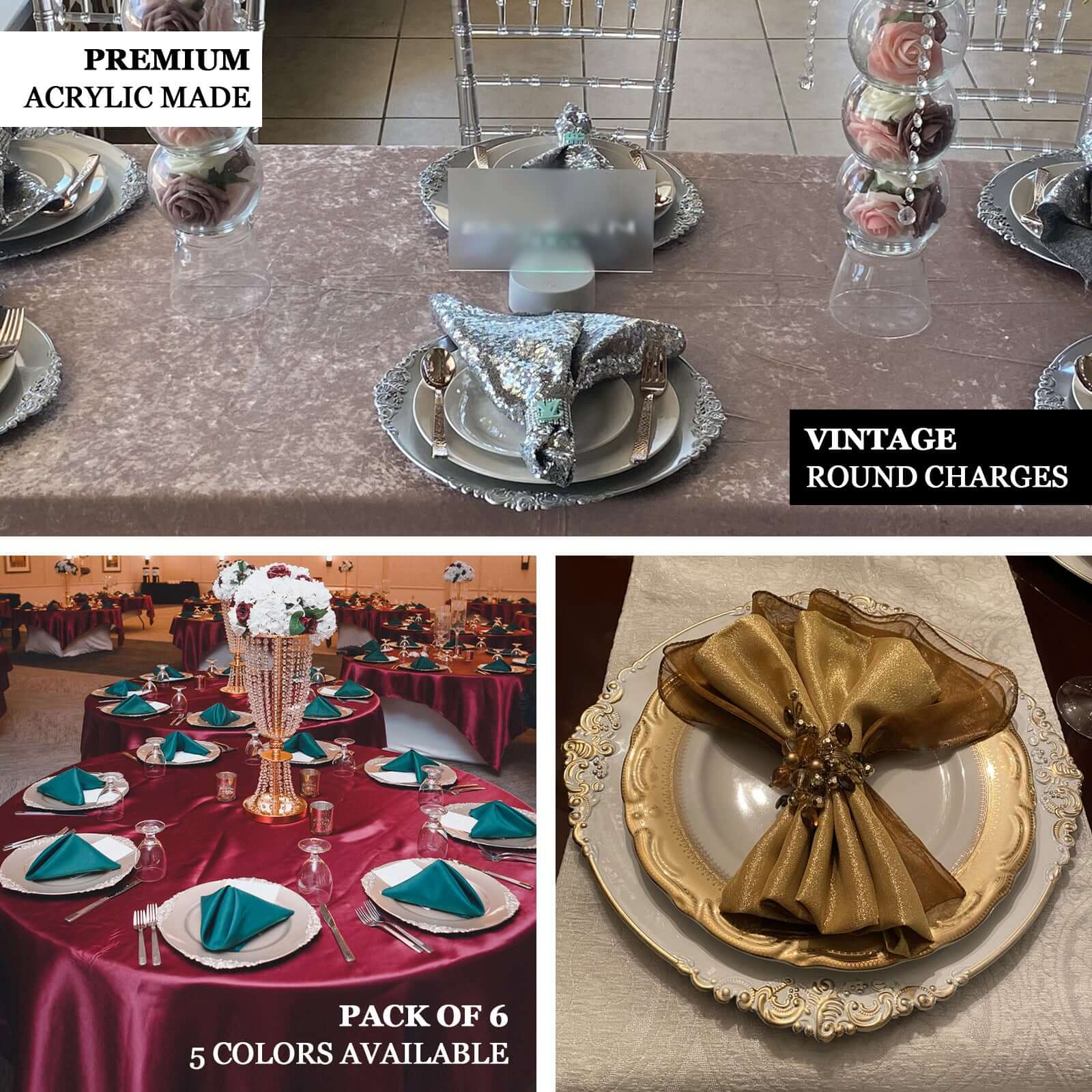 6 - Pack Acrylic Round Charger Plates 13" in Silver with Embossed Baroque Rim, Antique Decorative Dinner Party Charger Tableware - Linen Luxes