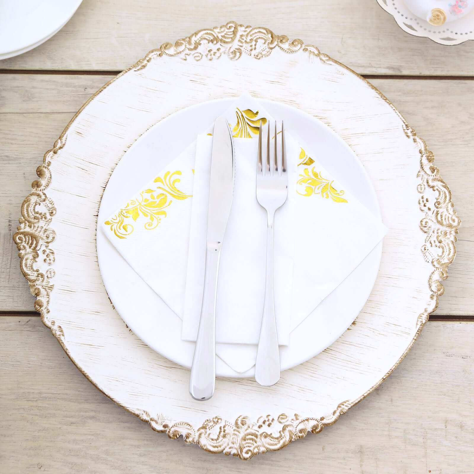 6 - Pack Acrylic Round Charger Plates 13" in White Washed with Gold Embossed Baroque Rim, Antique Decorative Dinner Party Charger Tableware - Linen Luxes