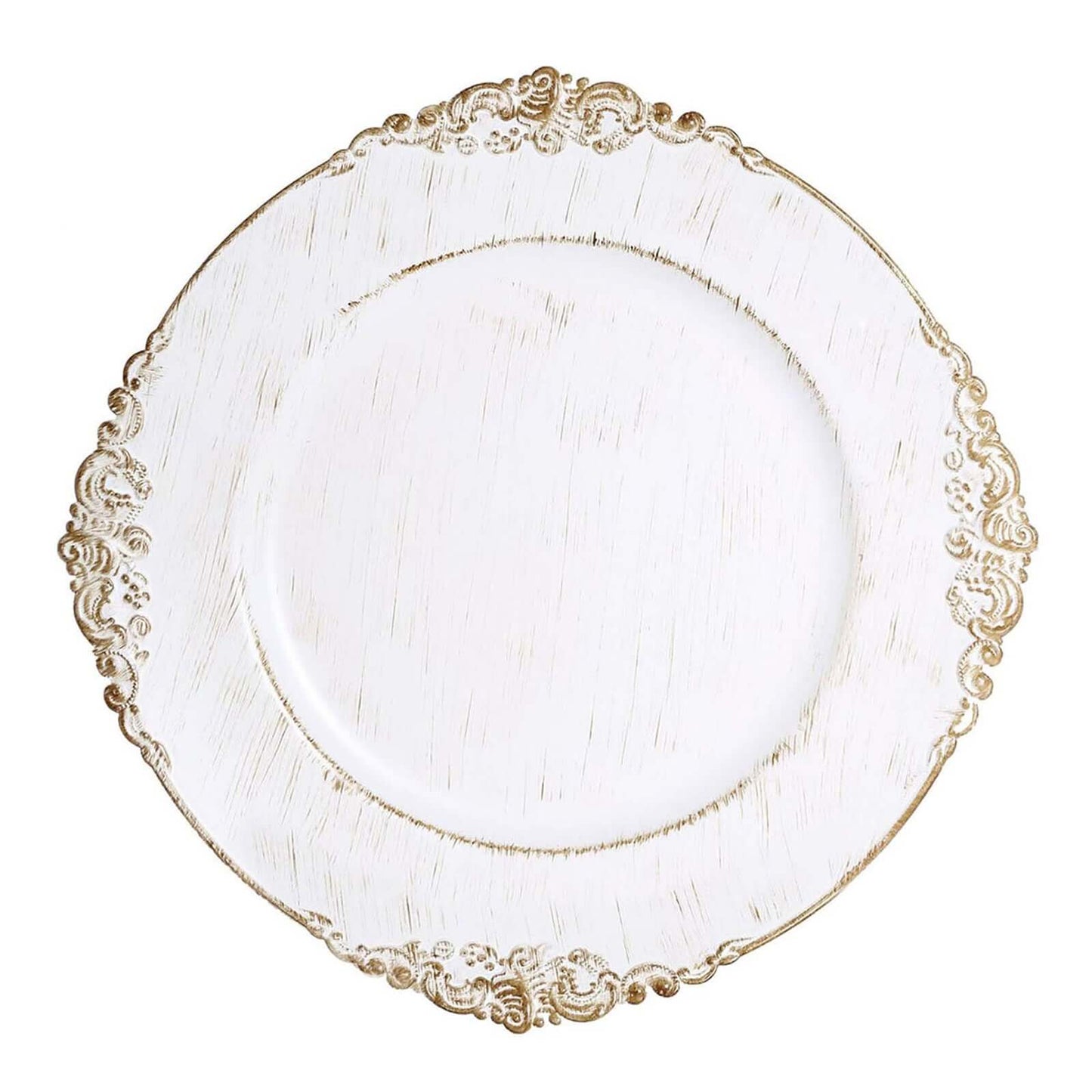 6 - Pack Acrylic Round Charger Plates 13" in White Washed with Gold Embossed Baroque Rim, Antique Decorative Dinner Party Charger Tableware - Linen Luxes