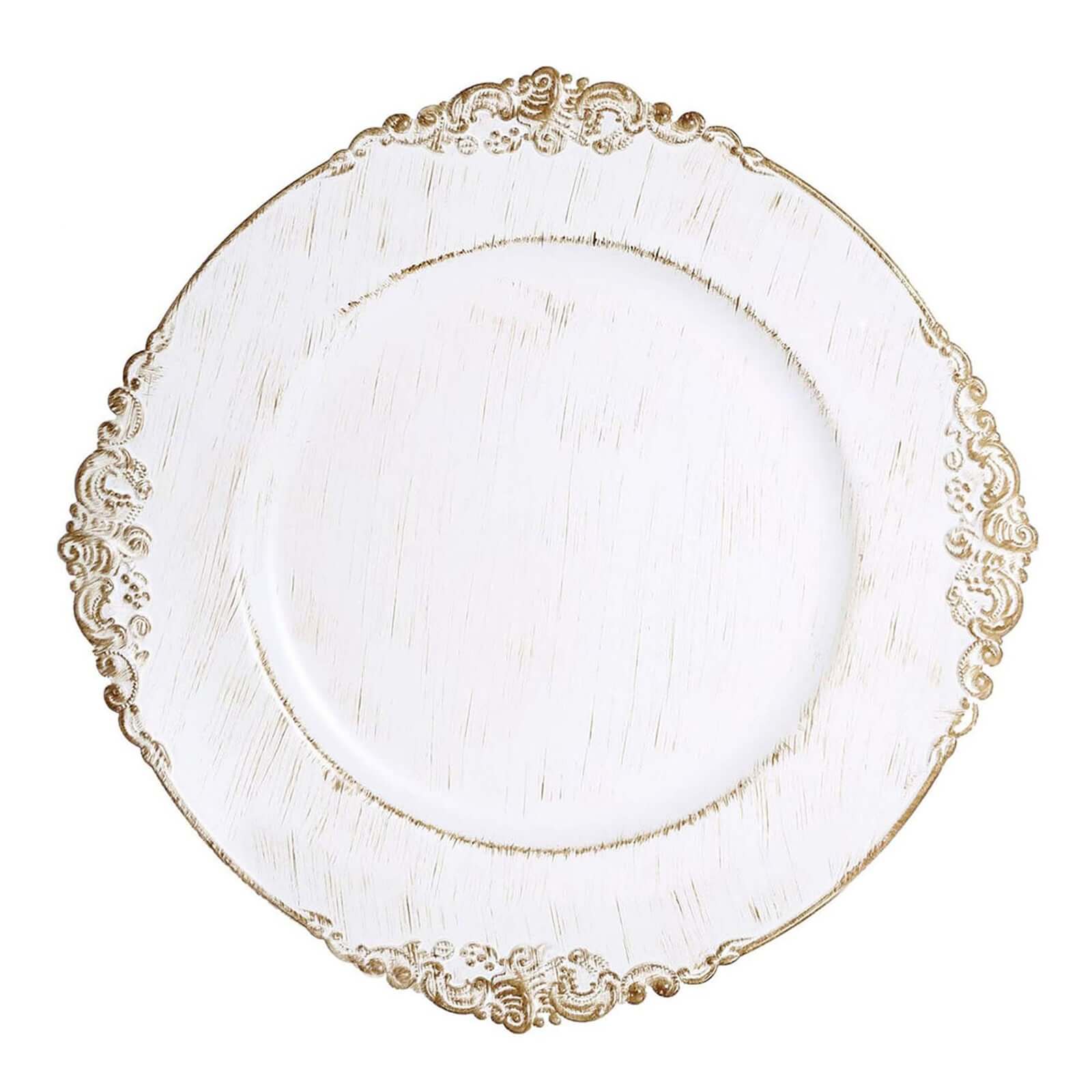 6 - Pack Acrylic Round Charger Plates 13" in White Washed with Gold Embossed Baroque Rim, Antique Decorative Dinner Party Charger Tableware - Linen Luxes