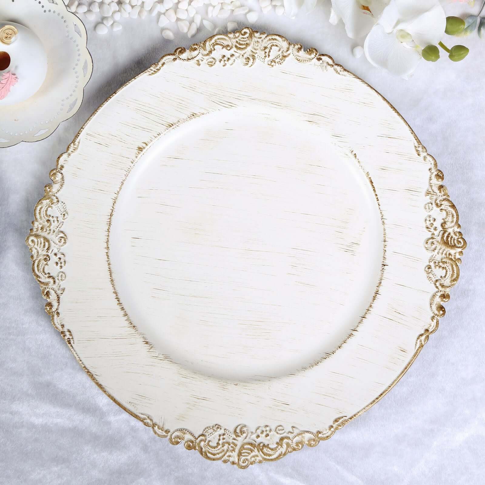 6 - Pack Acrylic Round Charger Plates 13" in White Washed with Gold Embossed Baroque Rim, Antique Decorative Dinner Party Charger Tableware - Linen Luxes