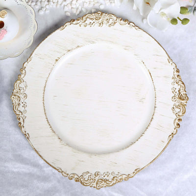 6 - Pack Acrylic Round Charger Plates 13" in White Washed with Gold Embossed Baroque Rim, Antique Decorative Dinner Party Charger Tableware - Linen Luxes