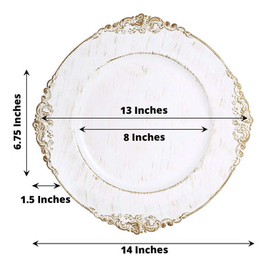 6 - Pack Acrylic Round Charger Plates 13" in White Washed with Gold Embossed Baroque Rim, Antique Decorative Dinner Party Charger Tableware - Linen Luxes