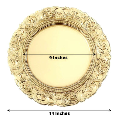 6 - Pack Acrylic Round Charger Plates 14" in Gold with Engraved Baroque Rim, Vintage Disposable Decorative Chargers - Linen Luxes