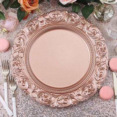 6 - Pack Acrylic Round Charger Plates 14" in Rose Gold with Engraved Baroque Rim, Vintage Disposable Decorative Chargers - Linen Luxes