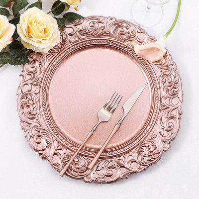 6 - Pack Acrylic Round Charger Plates 14" in Rose Gold with Engraved Baroque Rim, Vintage Disposable Decorative Chargers - Linen Luxes