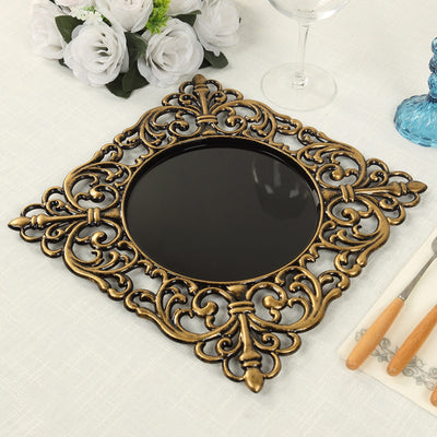 6-Pack Acrylic Square Charger Plates 12" in Black with Antique Gold Hollow Lace Border, Event Tabletop Decorative Charger Tableware