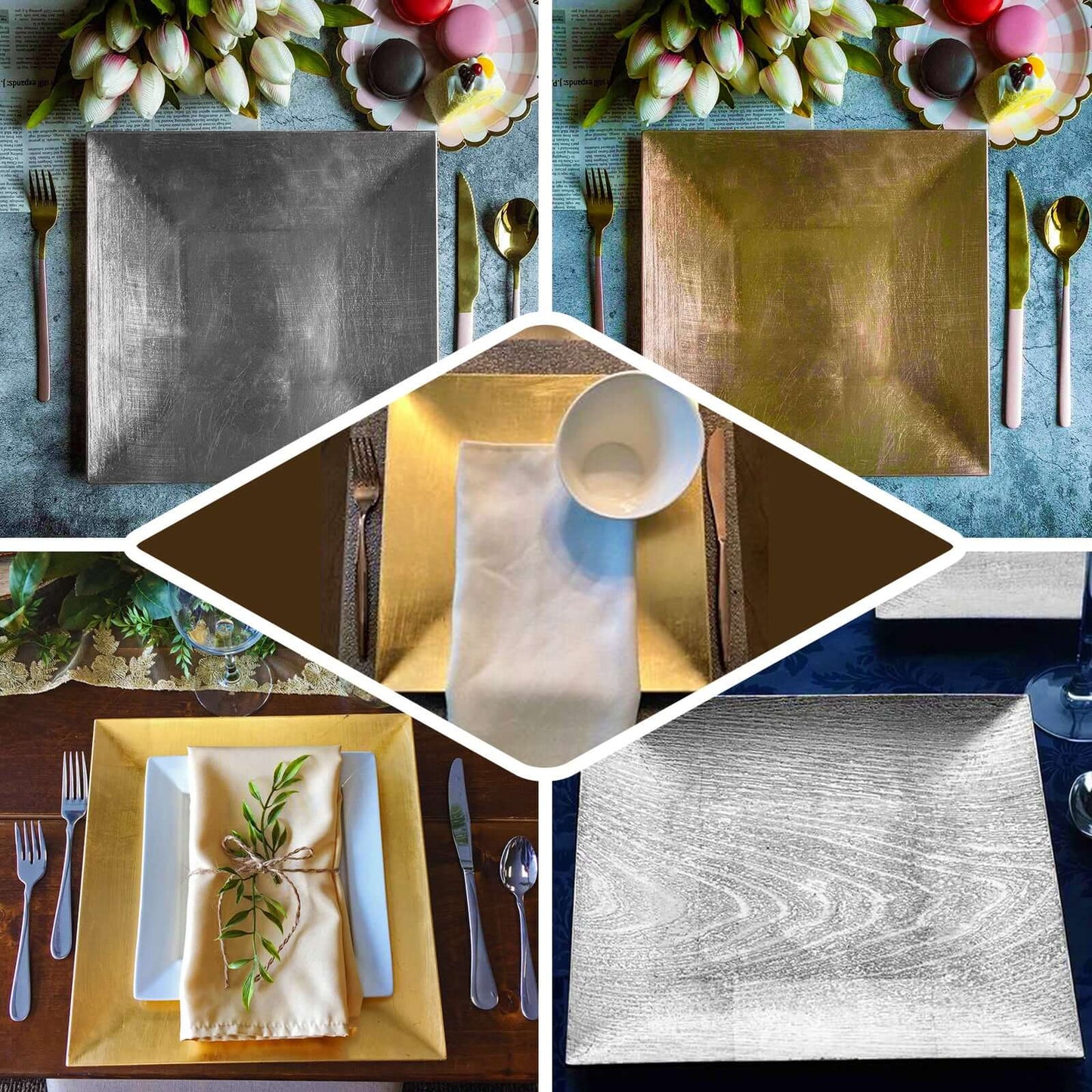 6 - Pack Acrylic Square Charger Plates 12" in Gold with Embossed Wood Grain, Boho Chic Dinner Party Decor Charger Tableware - Linen Luxes