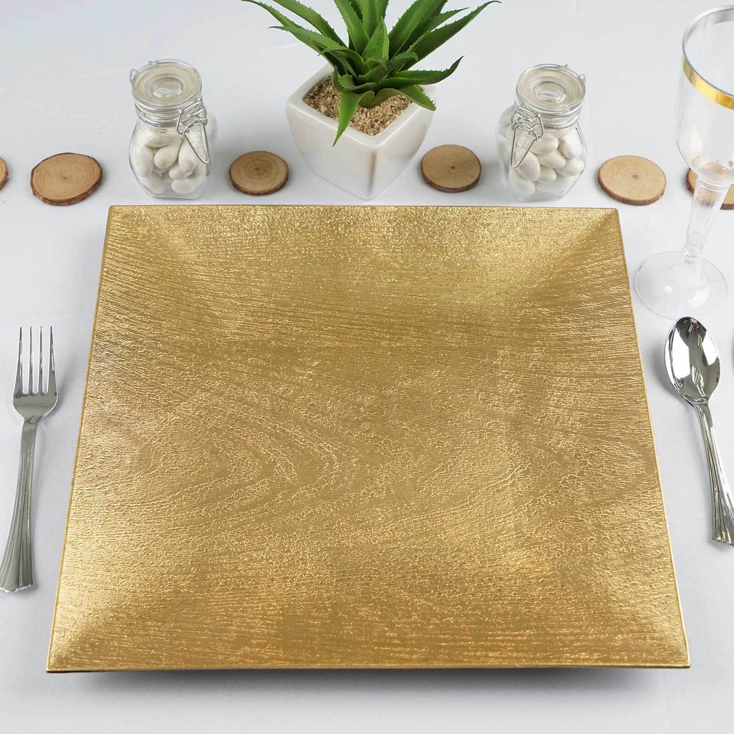 6 - Pack Acrylic Square Charger Plates 12" in Gold with Embossed Wood Grain, Boho Chic Dinner Party Decor Charger Tableware - Linen Luxes