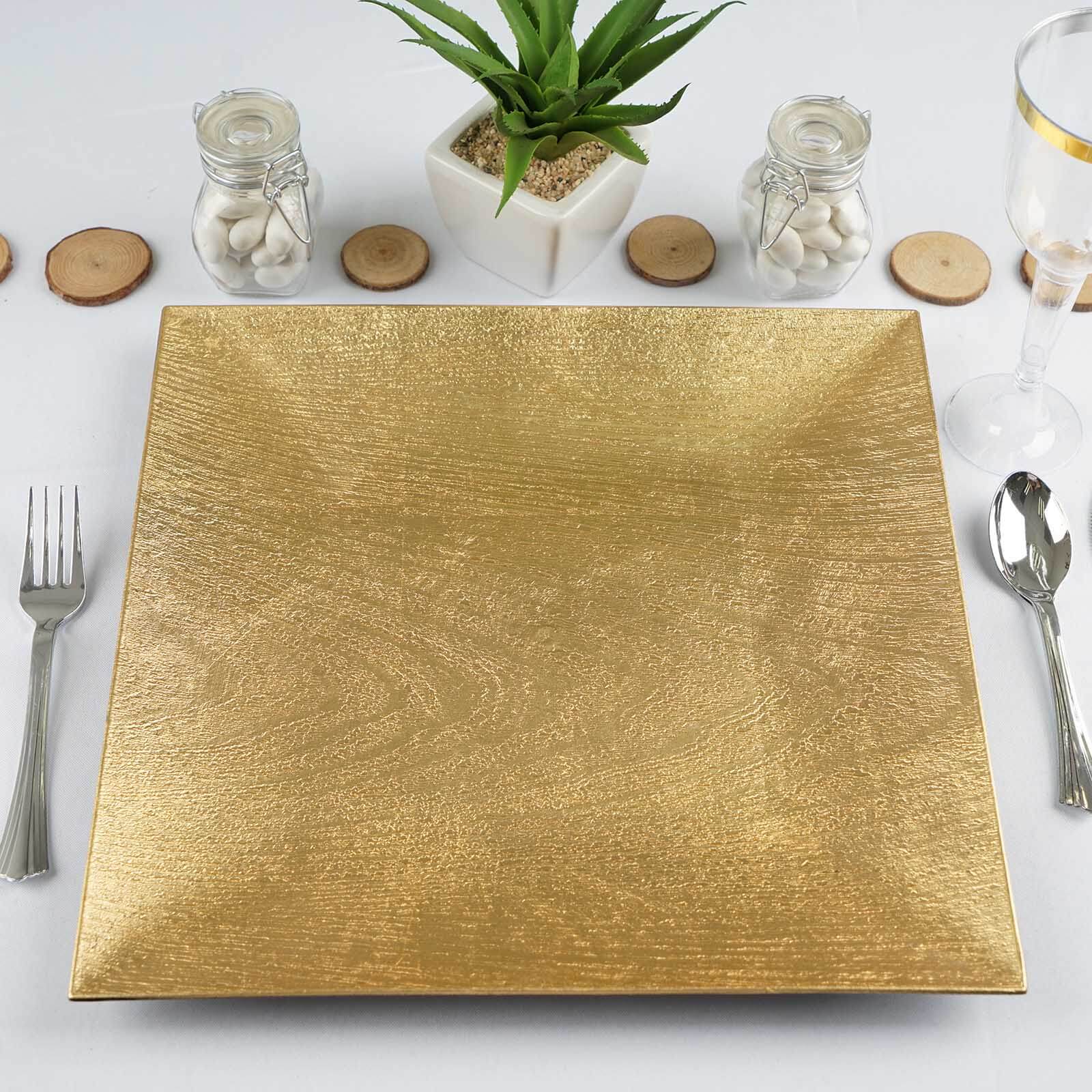 6 - Pack Acrylic Square Charger Plates 12" in Gold with Embossed Wood Grain, Boho Chic Dinner Party Decor Charger Tableware - Linen Luxes