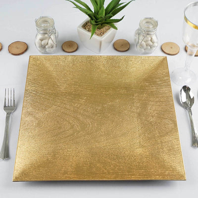 6 - Pack Acrylic Square Charger Plates 12" in Gold with Embossed Wood Grain, Boho Chic Dinner Party Decor Charger Tableware - Linen Luxes