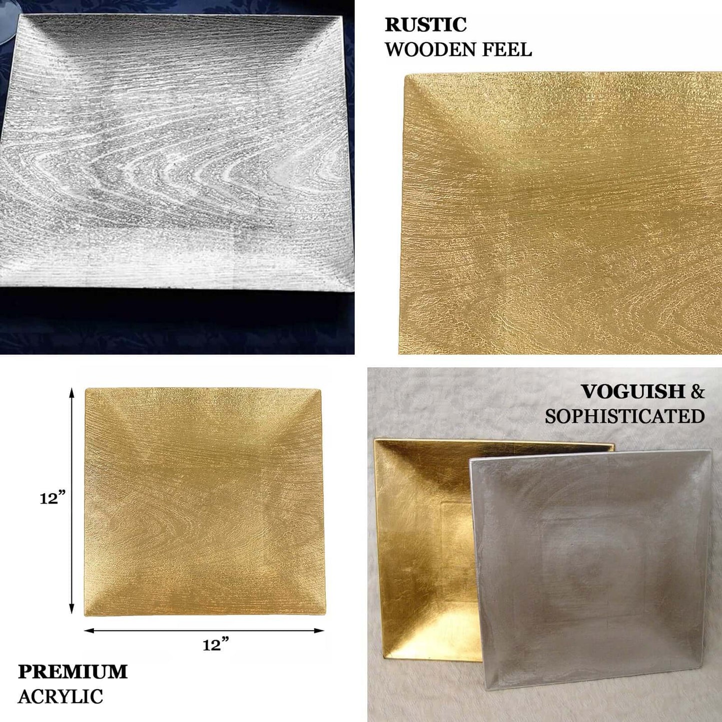 6 - Pack Acrylic Square Charger Plates 12" in Gold with Embossed Wood Grain, Boho Chic Dinner Party Decor Charger Tableware - Linen Luxes