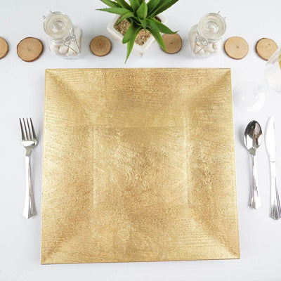 6 - Pack Acrylic Square Charger Plates 12" in Gold with Embossed Wood Grain, Boho Chic Dinner Party Decor Charger Tableware - Linen Luxes