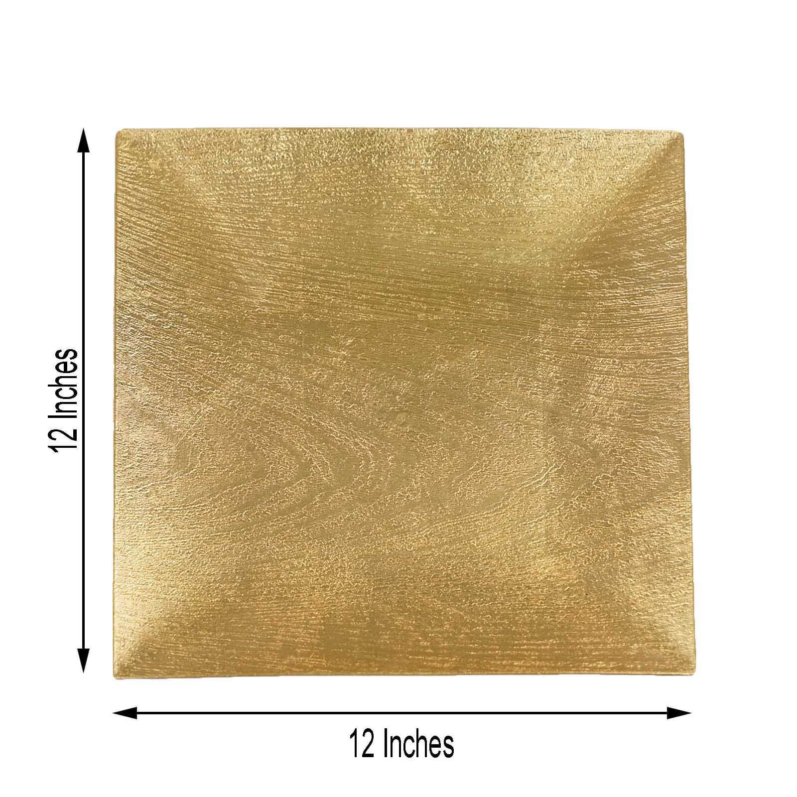 6 - Pack Acrylic Square Charger Plates 12" in Gold with Embossed Wood Grain, Boho Chic Dinner Party Decor Charger Tableware - Linen Luxes