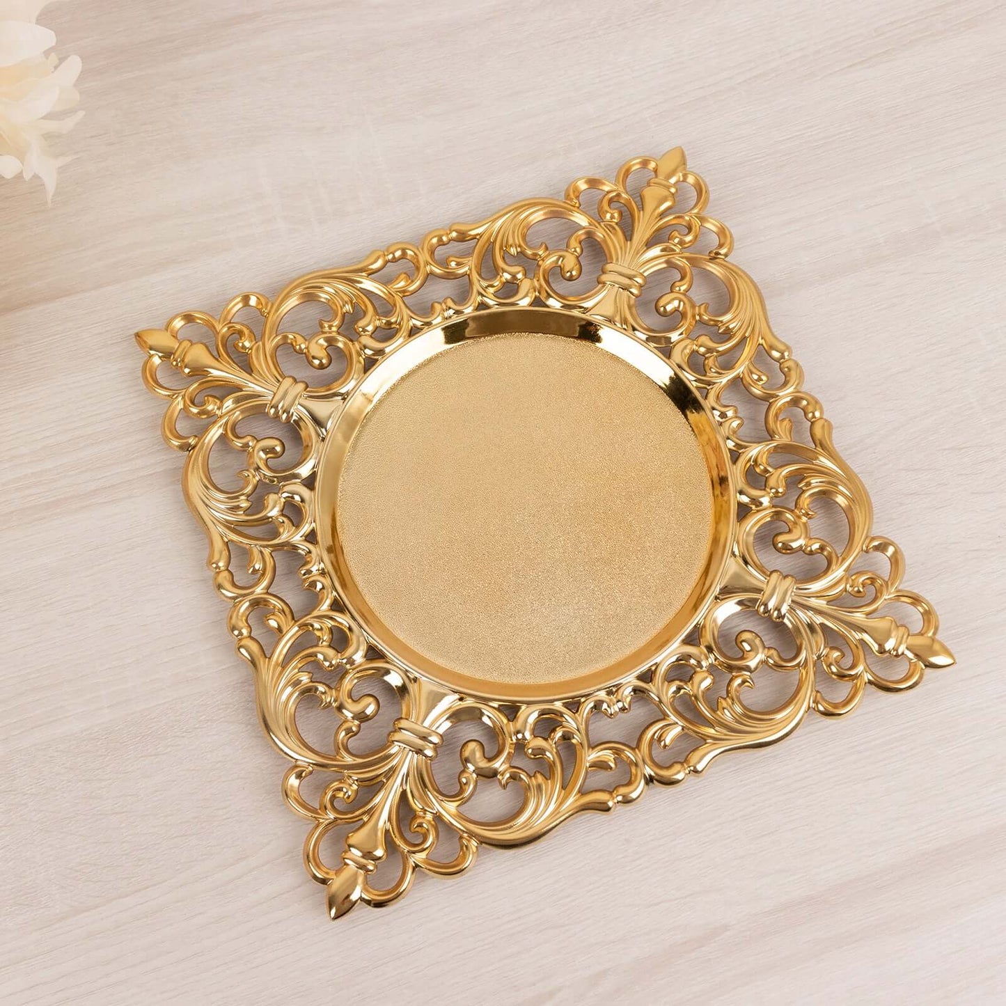 6-Pack Acrylic Square Charger Plates 12" in Gold with Hollow Lace Border, Event Tabletop Decorative Charger Tableware