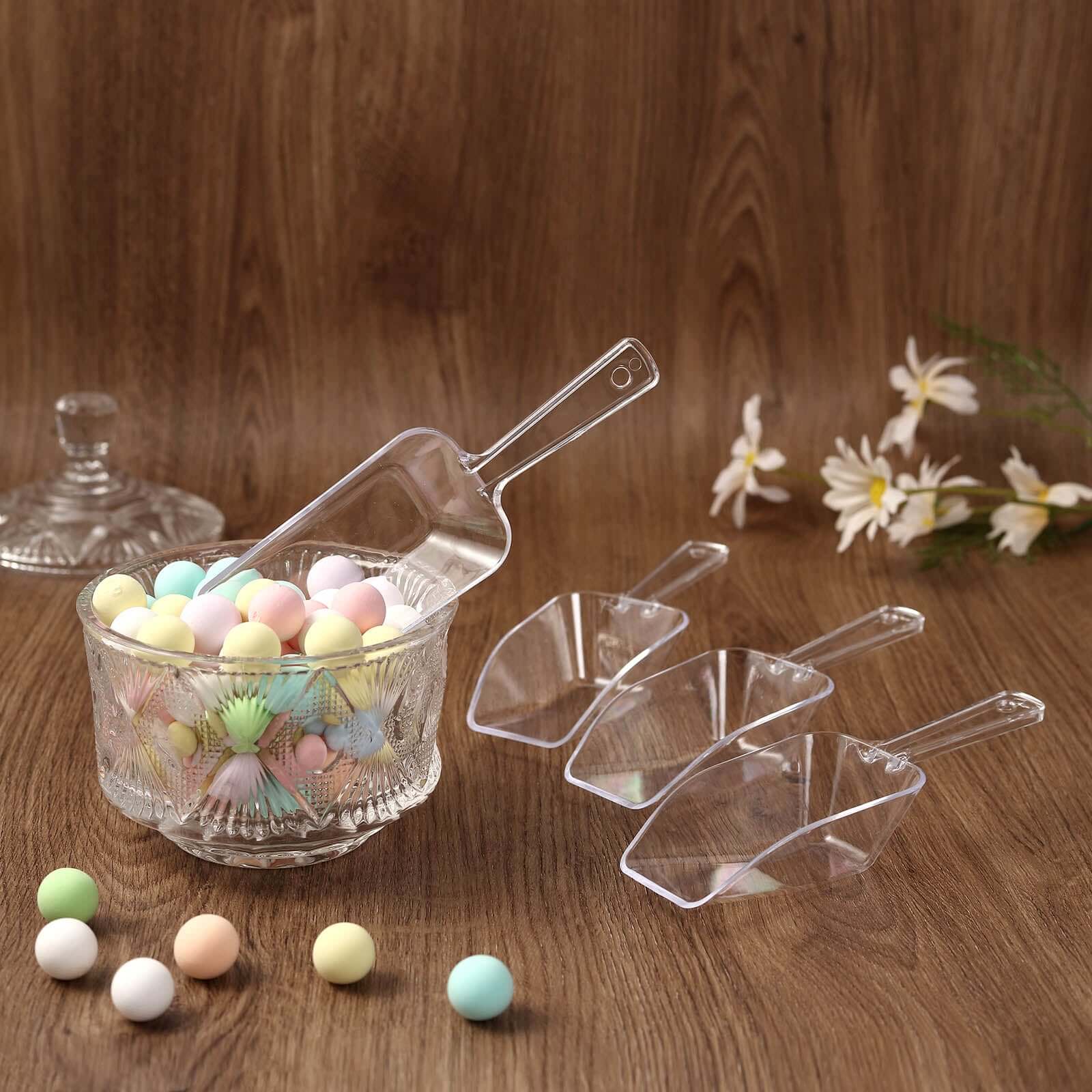6 - Pack Candy Scoops Kitchen Ice Scoop Design Clear - Plastic Disposable Supplies for Bar and Buffet Use 6" - Linen Luxes
