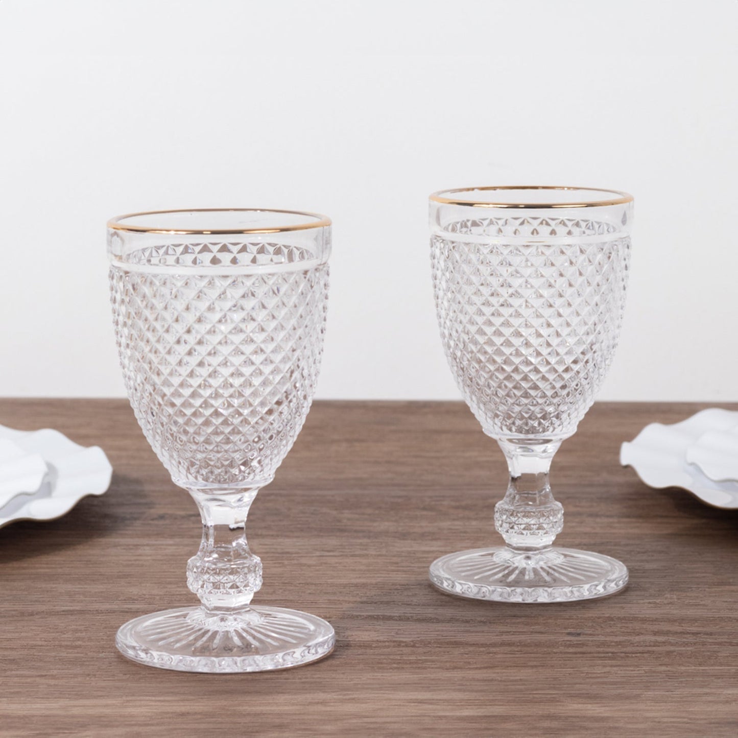 6-Pack Vintage Wine Glasses with Gold Rim and Embossed Diamond Pattern Clear - Crystal 8oz Short Stem Goblets for Cocktails 6"